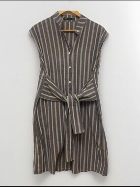 Sleeveless Striped Midi Dress with Front Tie in Blue and White